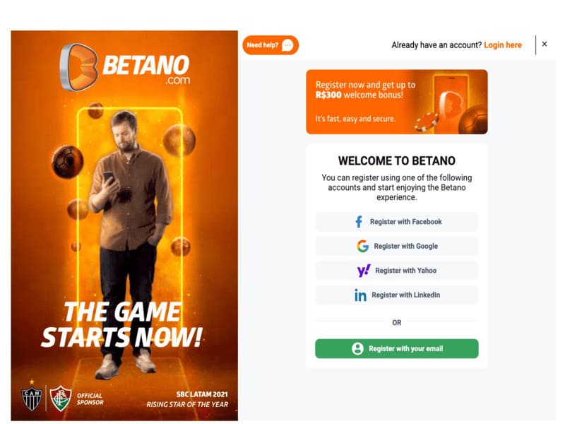 Registrering på den officiella webbplatsen för online casino Betano